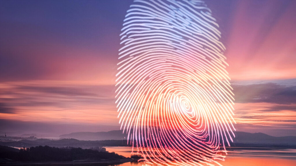 Image for Cybersecurity: A fingerprint on a sunset bacground