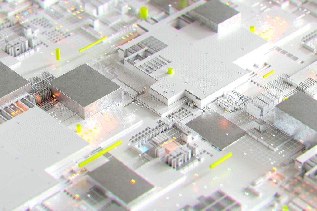 An inside of a machine that looks like a city from above