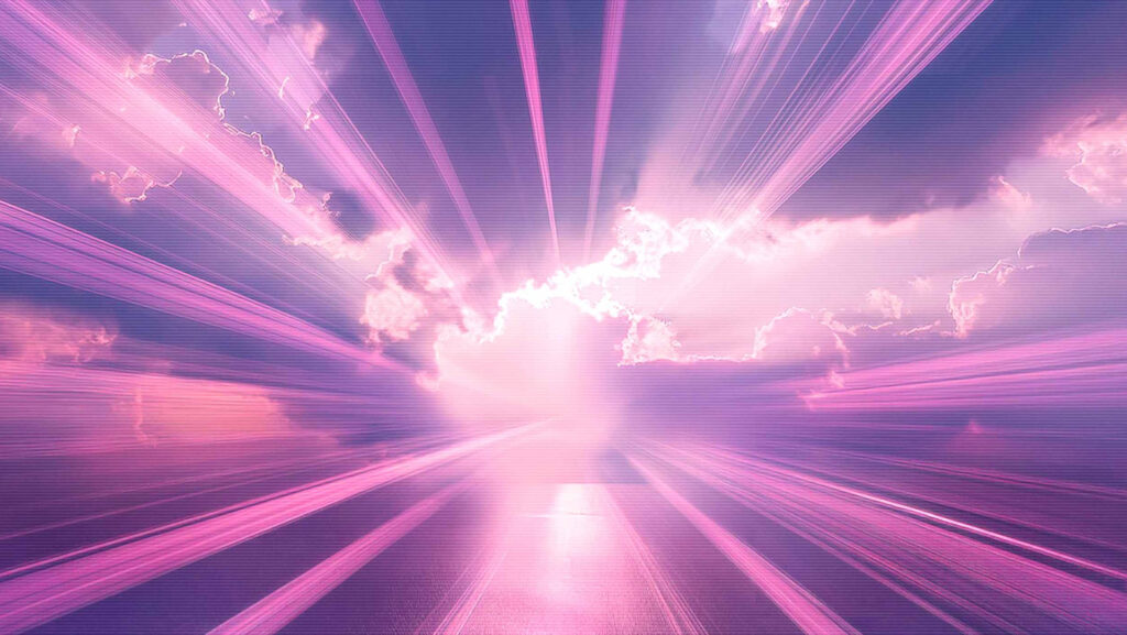 Image for Cloud Native App Development: A sky filled with pink clouds, with beams of radiant pink light bursting outward, creating a vibrant, futuristic effect