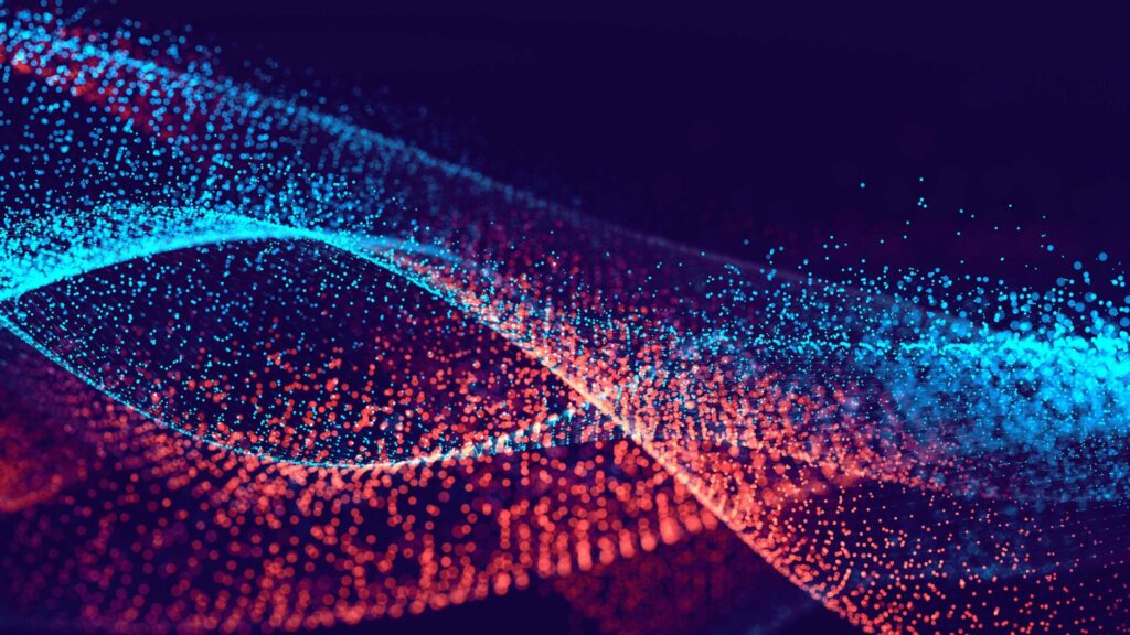 Image for Data: Strings of blue and red lights that look like numbers on a dark background