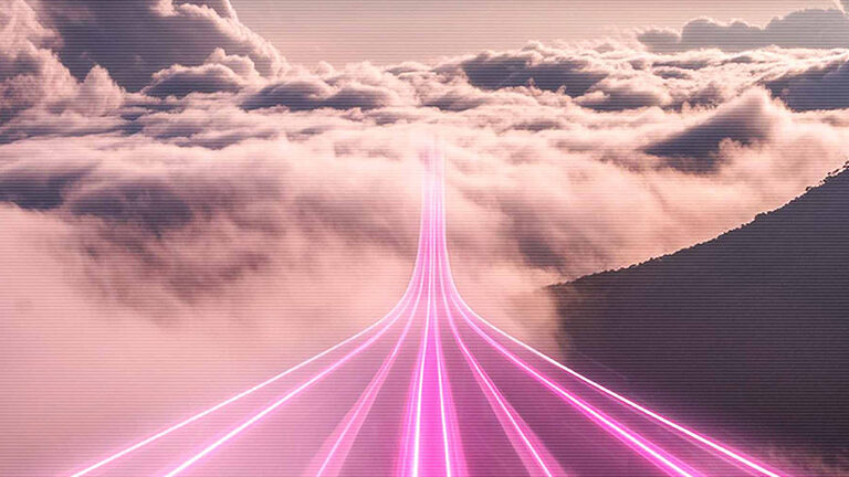 Image for Cloud Managed Services: pink clouds, with beams of radiant pink light going through.