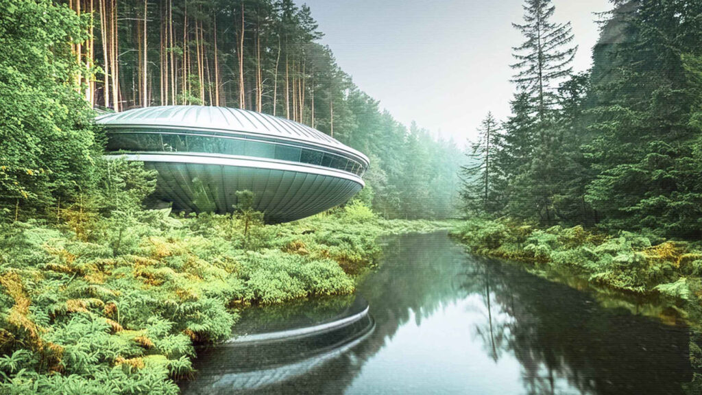 Image for Sustainable IT: futuristic building in the middle of a green space