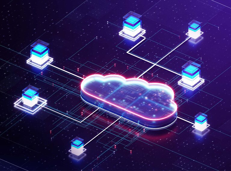 Cloud Native App Development: Cloud with connected blocks on a blue background