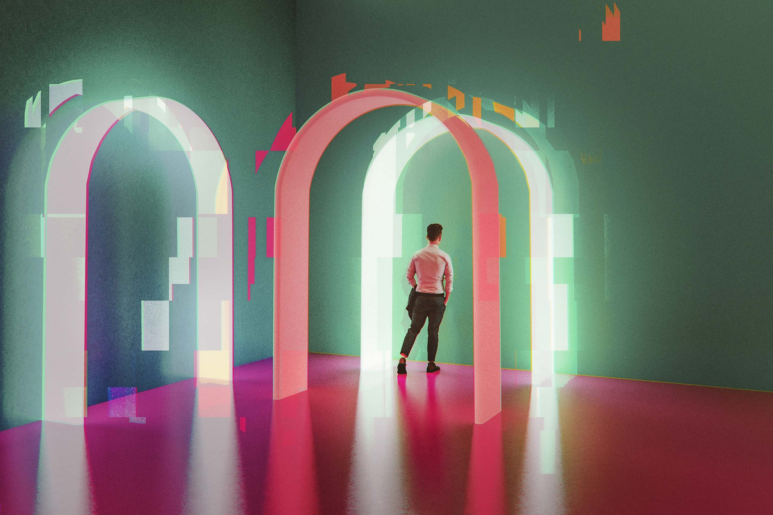 A person entering a portal of light