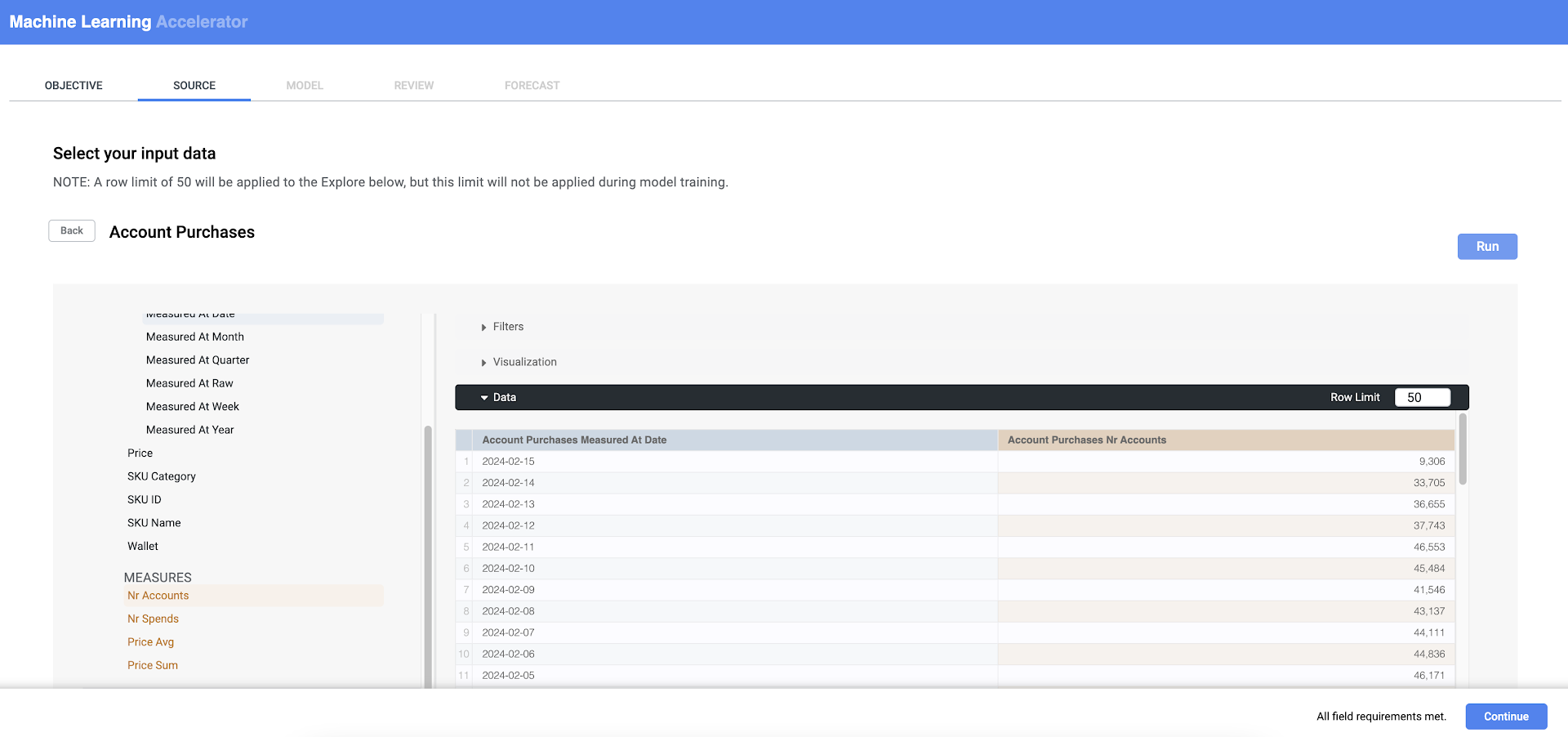 Select your input data - Account purchases with a loaded spreadsheet