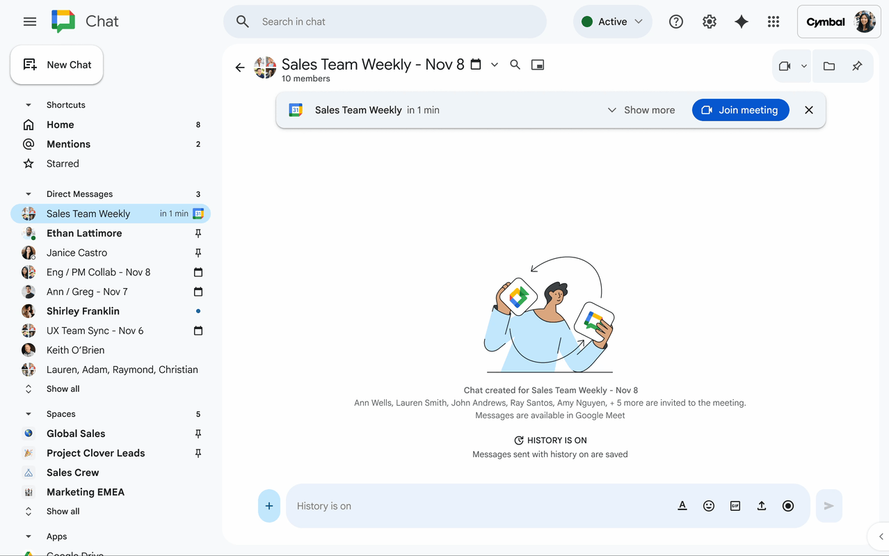 A short video that shows how a conversation in Google Meet is now accessible in Google Chat.