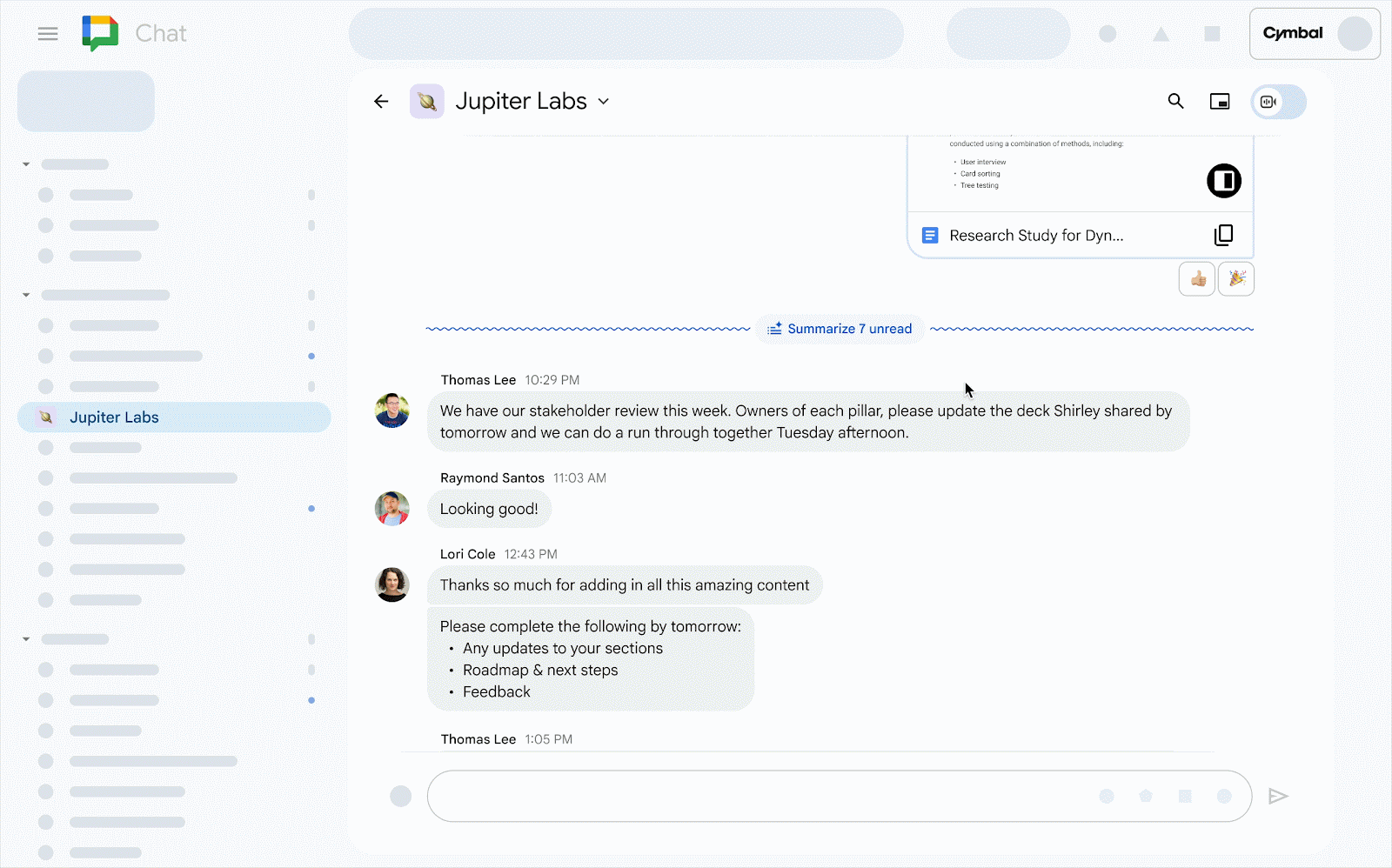 Gemini Summarisation for Unread Messages in Google Chat demo.