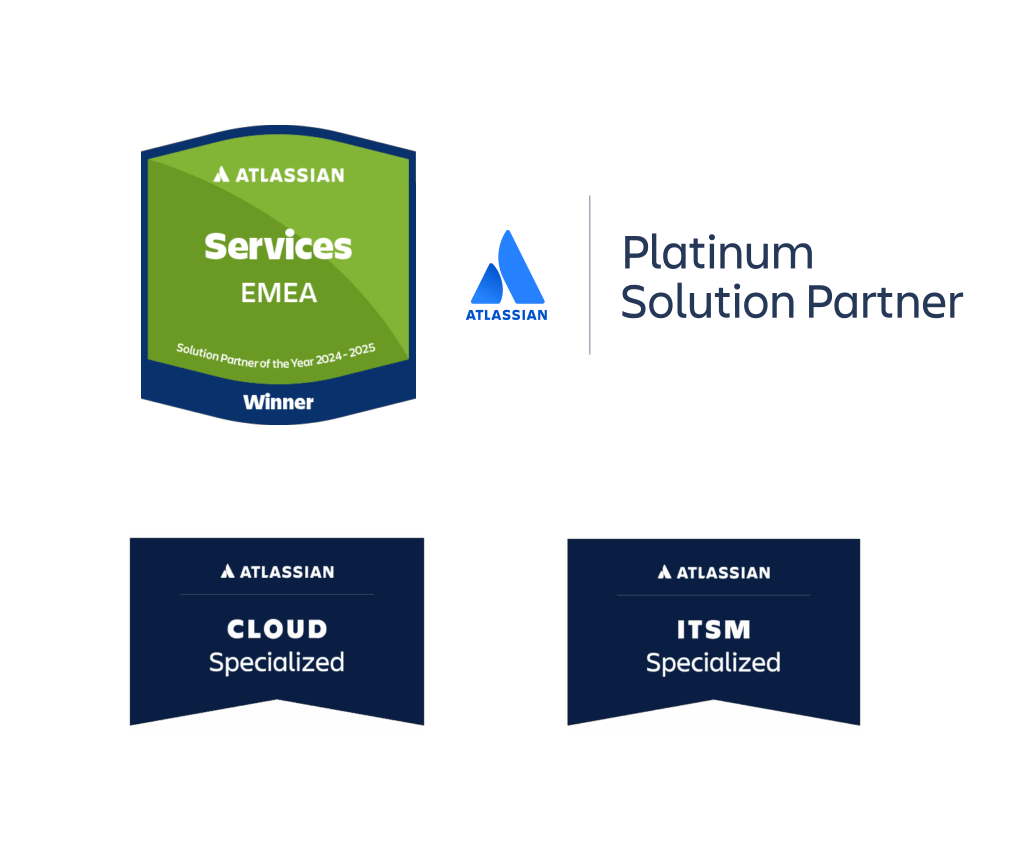 Our Atlassian consulting badges: Atlassian Services EMEA Winner badge, Atlassian Platinum Solution Partner, Atlassian Cloud Specialized, Atlassian ITSM Specialized