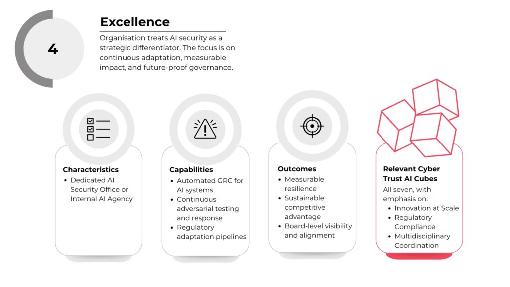Excellence stage - Operational embedding: 4 boxes with characteristics, risks, focus areas and relevant cyber trust AI cubes
