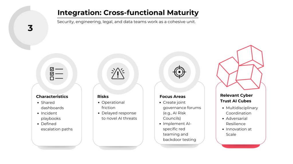 Integration stage - Cross-functional Maturity: 4 boxes with characteristics, risks, focus areas and relevant cyber trust AI cubes