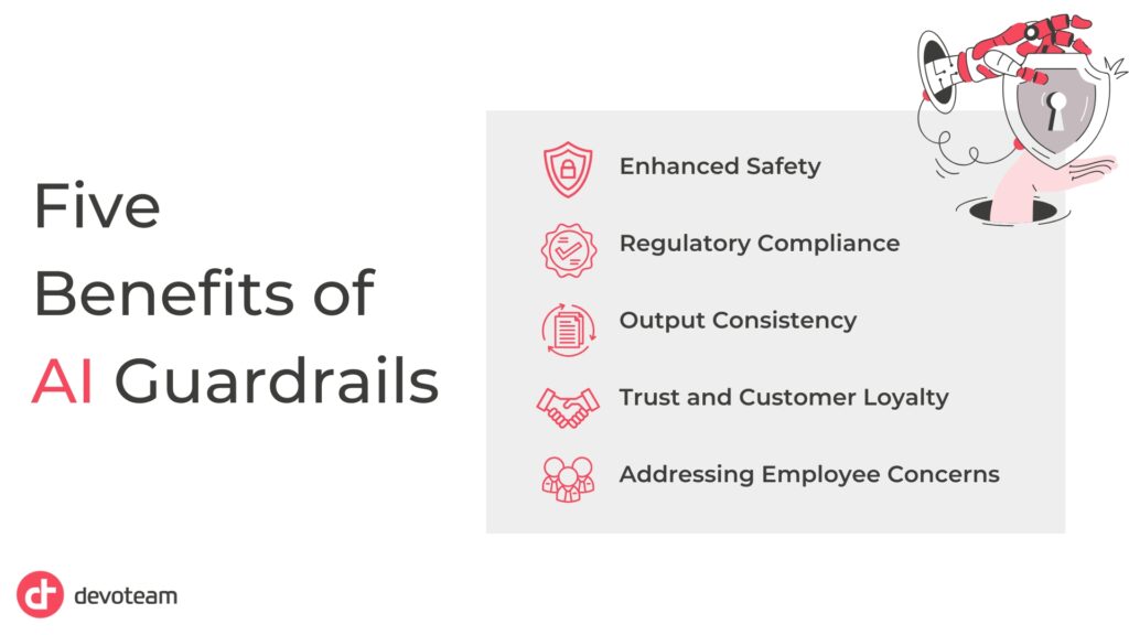 5 benefits of AI Guardrails: 

Enhanced Safety
Regulatory Compliance
Output Consistency
Trust and Customer Loyalty
Addressing Employee Concerns