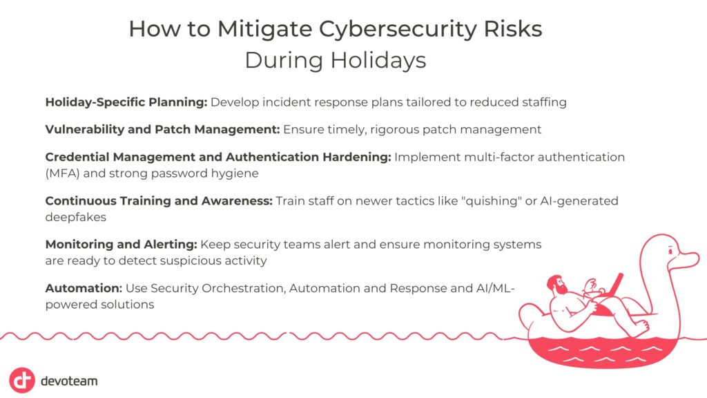 How to Mitigate Cybersecurity Risks During Holidays

1 Continuous Training and Awareness: Train staff on newer tactics like "quishing" or AI-generated deepfakes
2.Monitoring and Alerting: Keep security teams alert and ensure monitoring systems are ready to detect suspicious activity
3.Holiday-Specific Planning: Develop incident response plans tailored to reduced staffing
4. Vulnerability and Patch Management: Ensure timely, rigorous patch management
5. Credential Management and Authentication Hardening: Implement multi-factor authentication (MFA) and strong password hygiene
Automation: Use Security Orchestration, Automation and Response and AI/ML-powered solutions