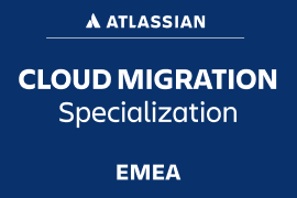 Insignia oficial de Atlassian que certifica la especialización en Cloud Migration en la región EMEA.