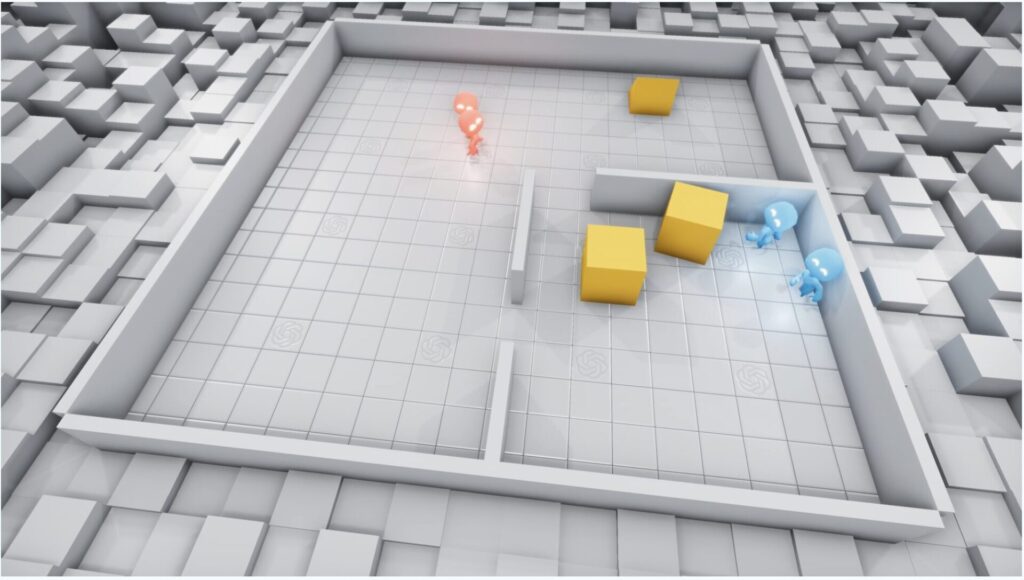 Two blue figures hiding from two red figures