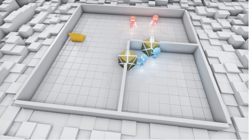 Two blue figures barricading the space with boxes to hide from two red figures 